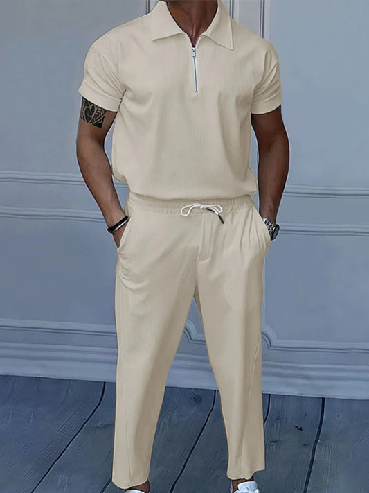 Men's Full Size Quarter Zip Short Sleeve Polo and Pants Set Plus Size - R - DRESS