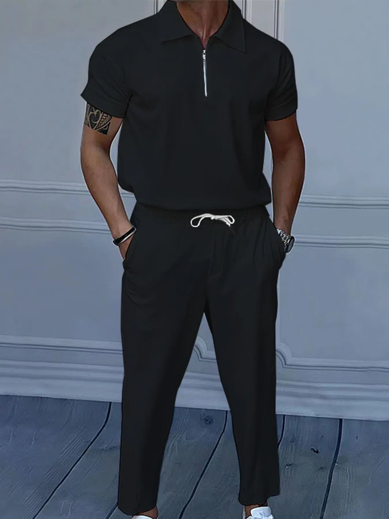 Men's Full Size Quarter Zip Short Sleeve Polo and Pants Set Plus Size - R - DRESS
