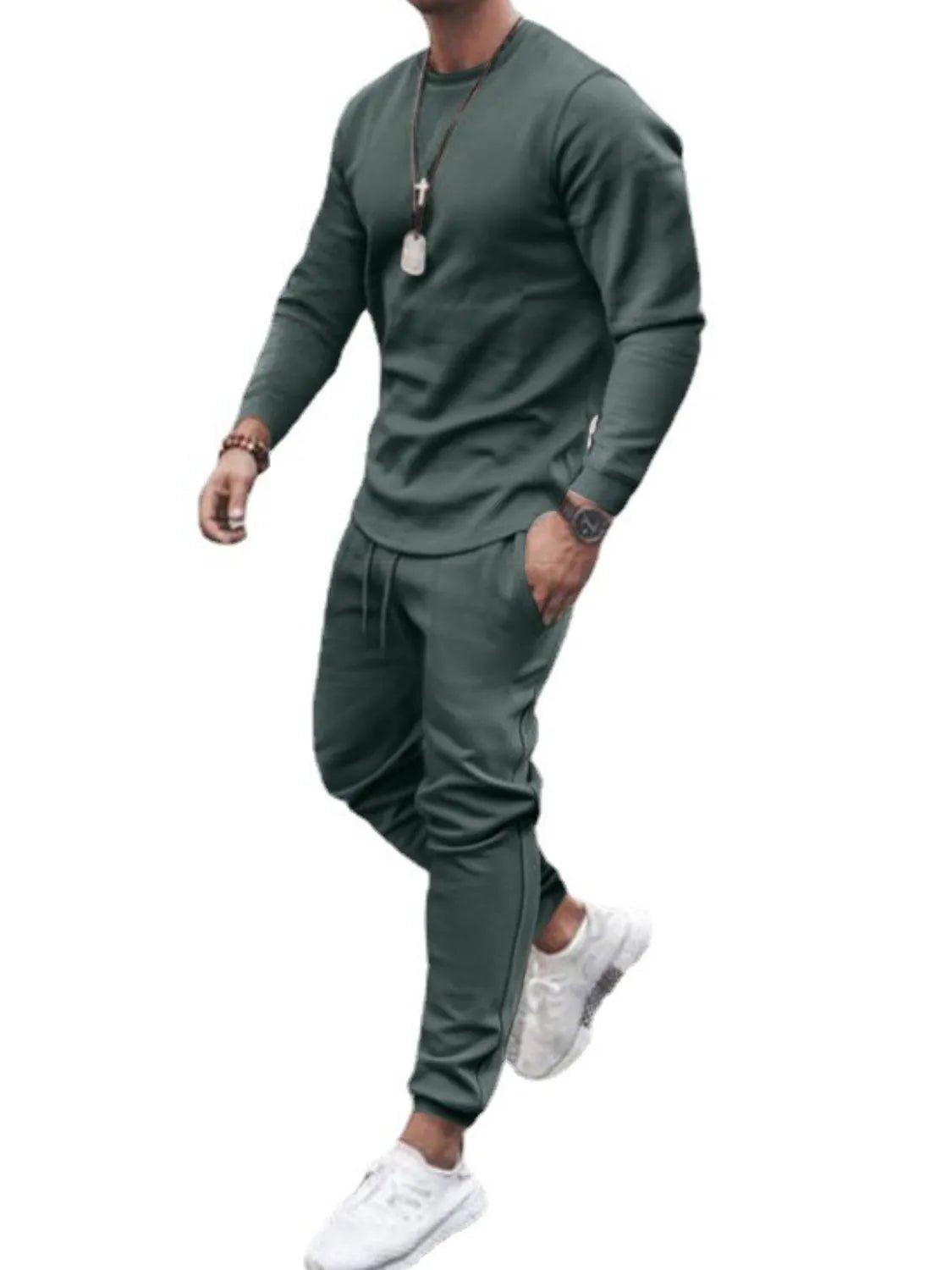 Men's Full Size Round Neck Long Sleeve Top and Pants Set Plus Size - R - DRESS