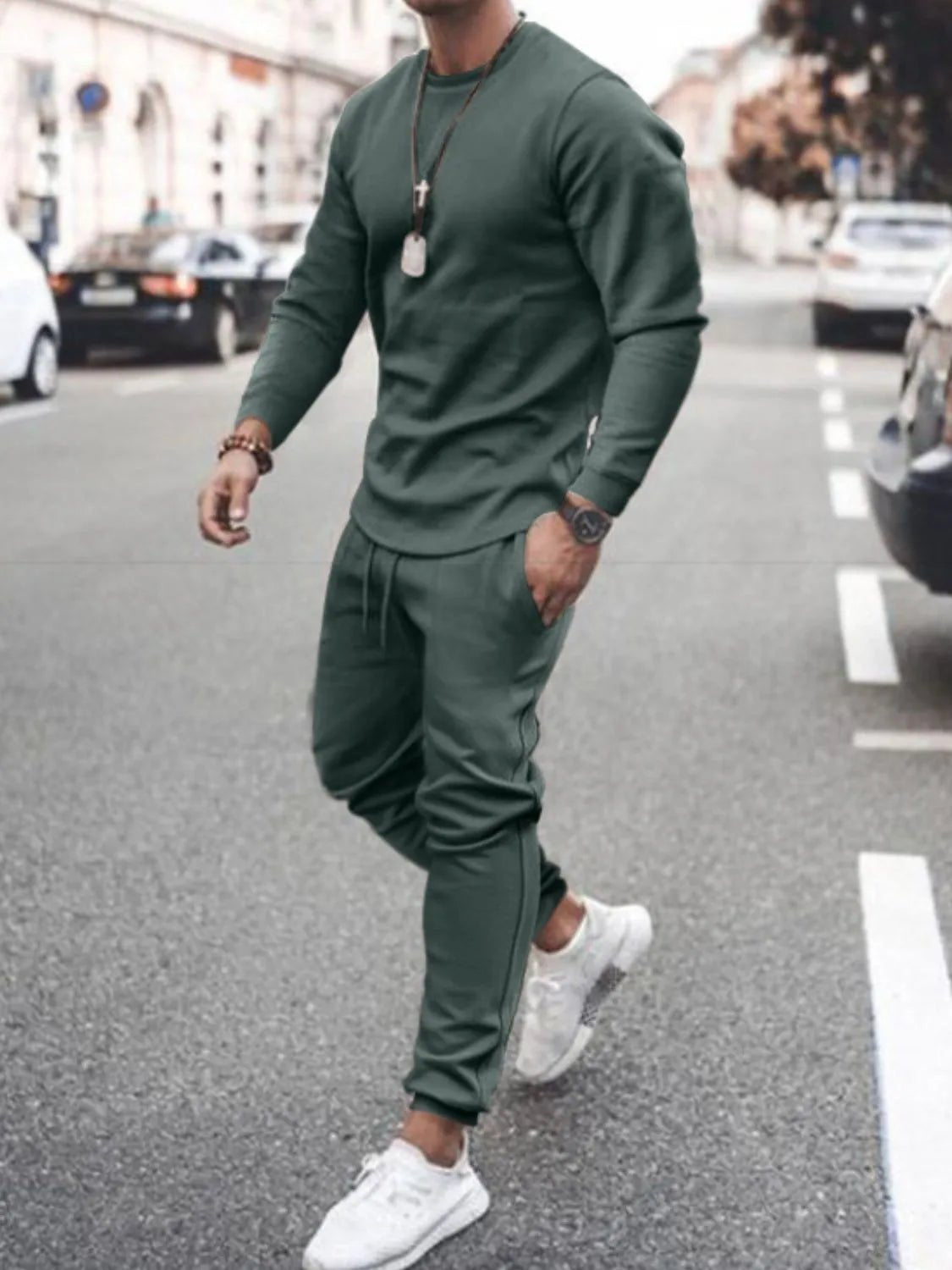 Men's Full Size Round Neck Long Sleeve Top and Pants Set Plus Size - R - DRESS