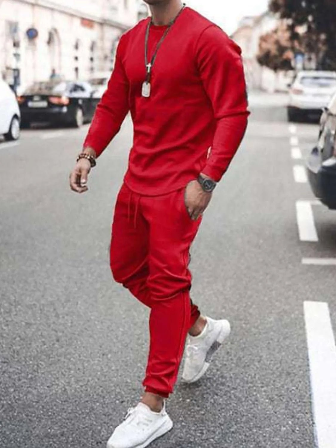 Men's Full Size Round Neck Long Sleeve Top and Pants Set Plus Size - R - DRESS