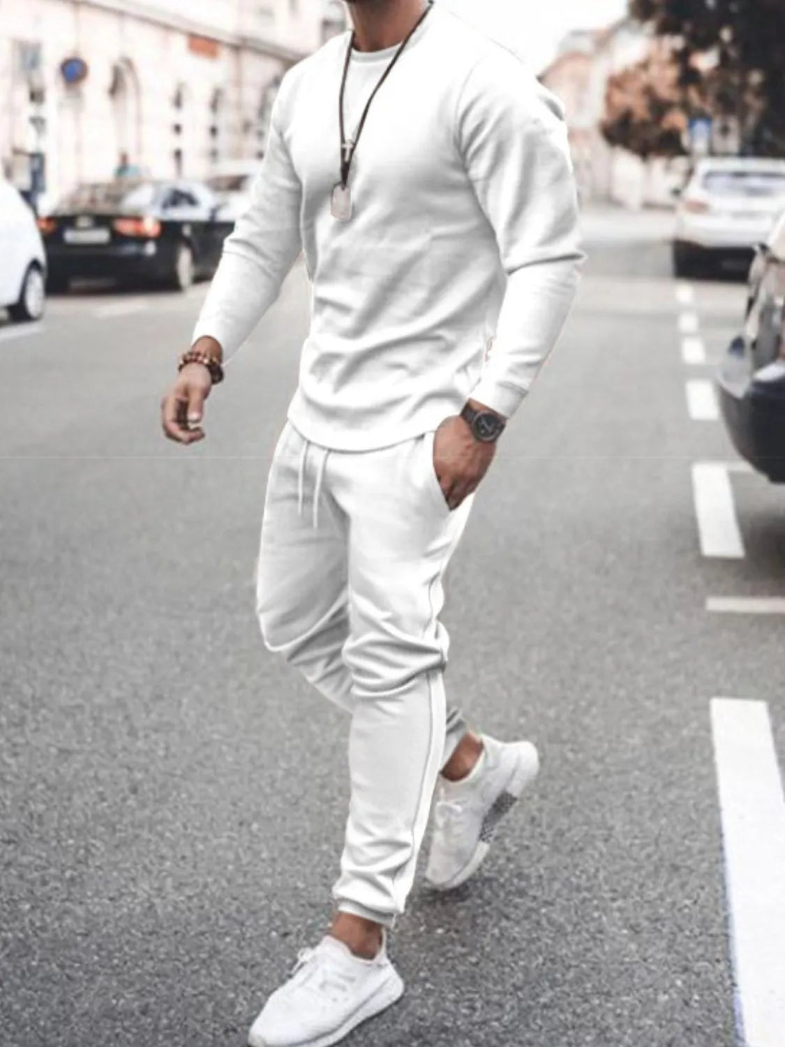 Men's Full Size Round Neck Long Sleeve Top and Pants Set Plus Size - R - DRESS