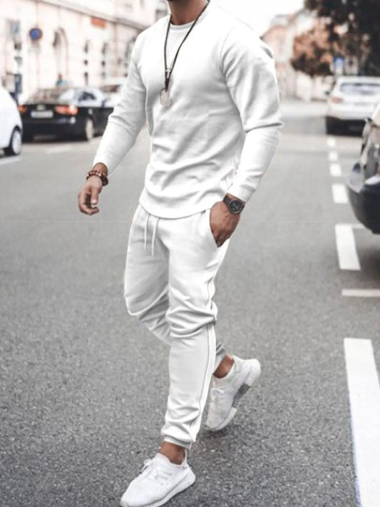 Men's Full Size Round Neck Long Sleeve Top and Pants Set Plus Size - R - DRESS