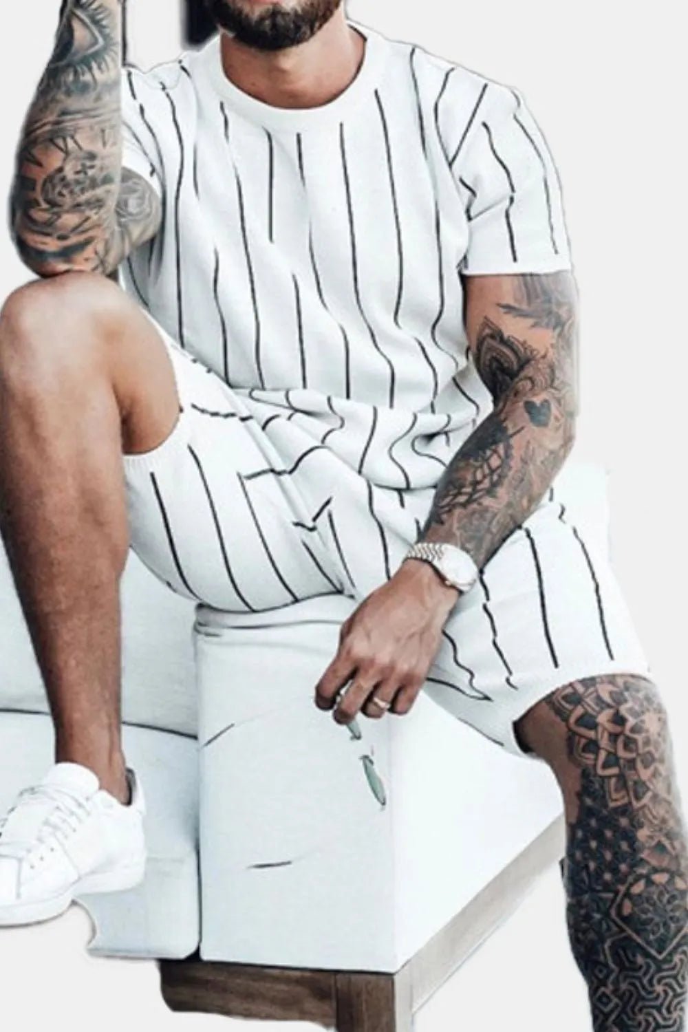 Men's Full Size Striped Casual Top and Shorts Summer Set Plus Size - R - DRESS