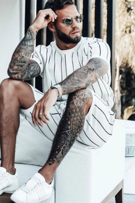 Men's Full Size Striped Casual Top and Shorts Summer Set Plus Size - R - DRESS