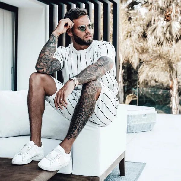 Men's Full Size Striped Casual Top and Shorts Summer Set Plus Size - R - DRESS