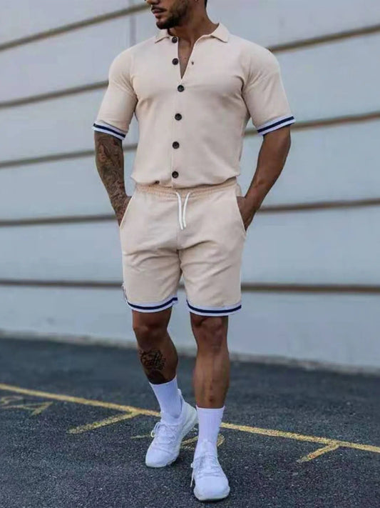 Men's Full Size Striped Hem Button Up Top and Shorts Set Plus Size - R - DRESS