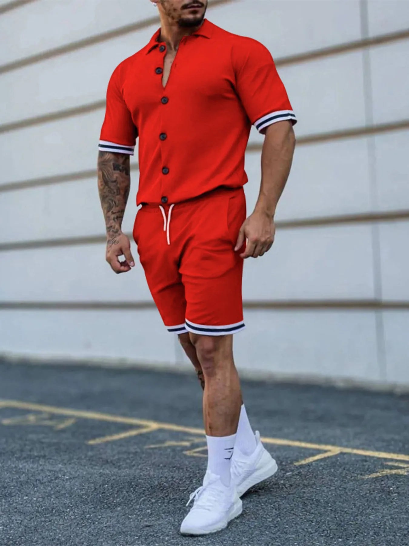 Men's Full Size Striped Hem Button Up Top and Shorts Set Plus Size - R - DRESS