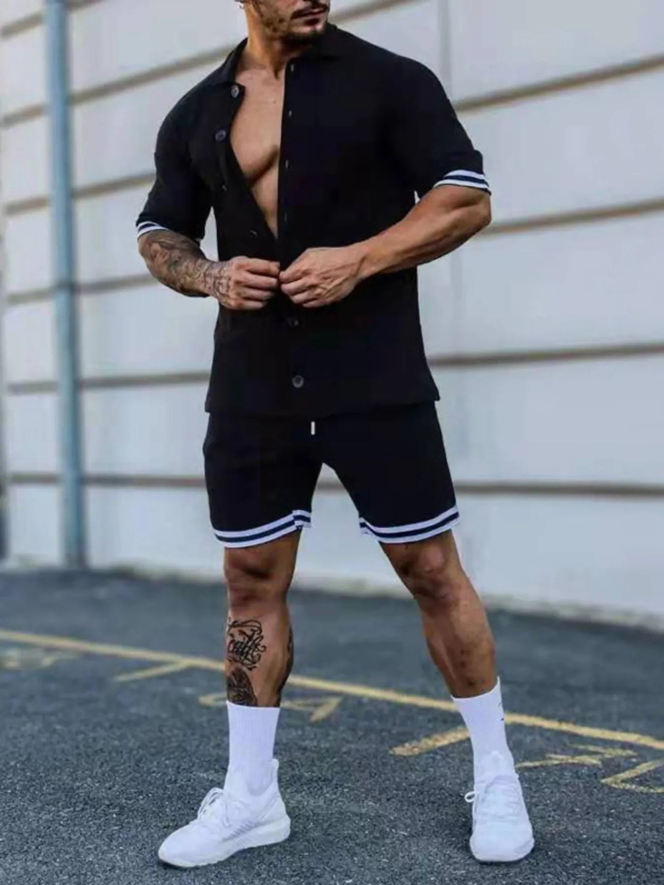 Men's Full Size Striped Hem Button Up Top and Shorts Set Plus Size - R - DRESS