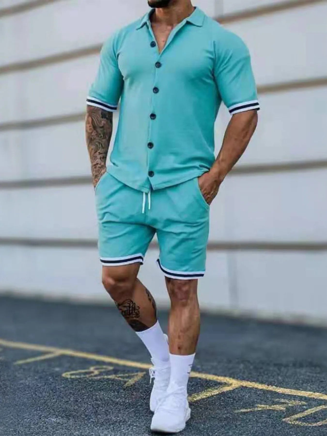 Men's Full Size Striped Hem Button Up Top and Shorts Set Plus Size - R - DRESS