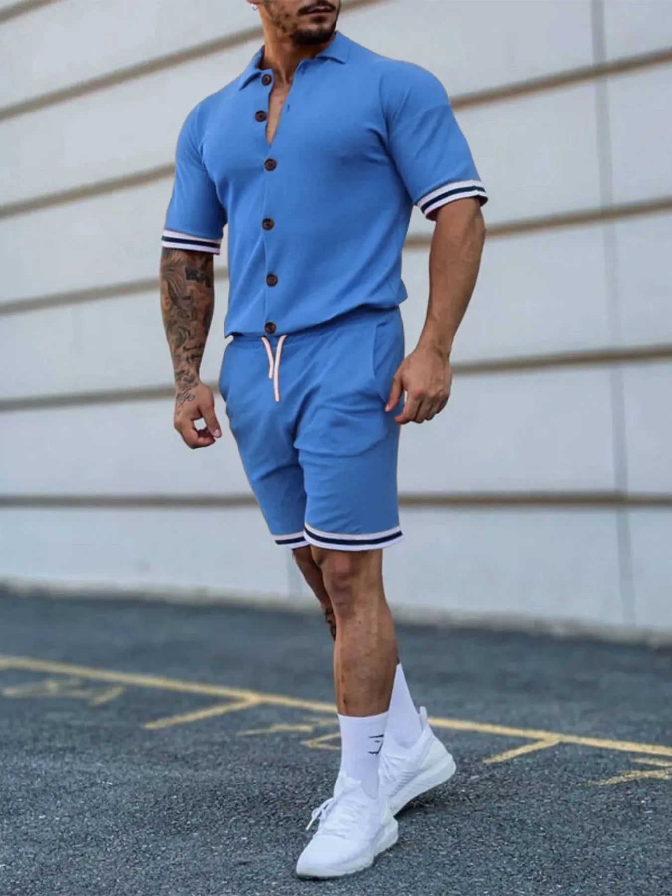 Men's Full Size Striped Hem Button Up Top and Shorts Set Plus Size - R - DRESS