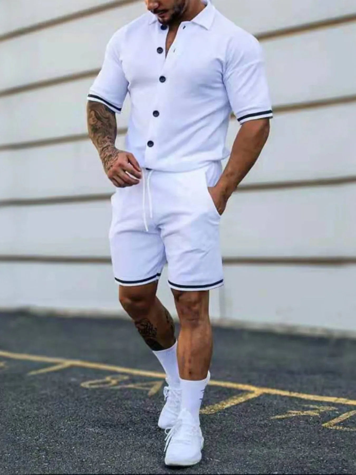 Men's Full Size Striped Hem Button Up Top and Shorts Set Plus Size - R - DRESS