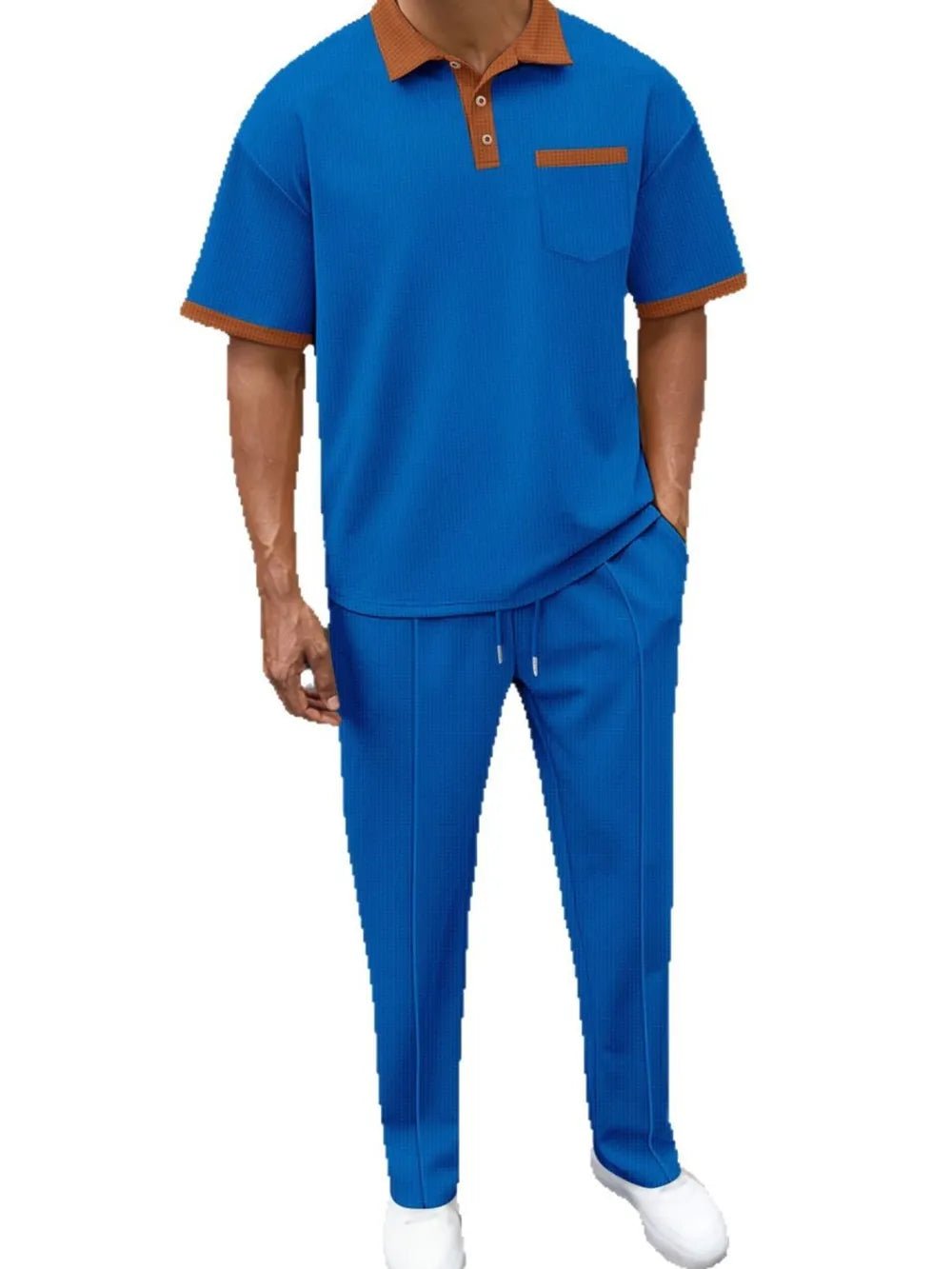 Men's Full Size Waffle - Knit Contrast Polo and Pants Set Plus Size - R - DRESS