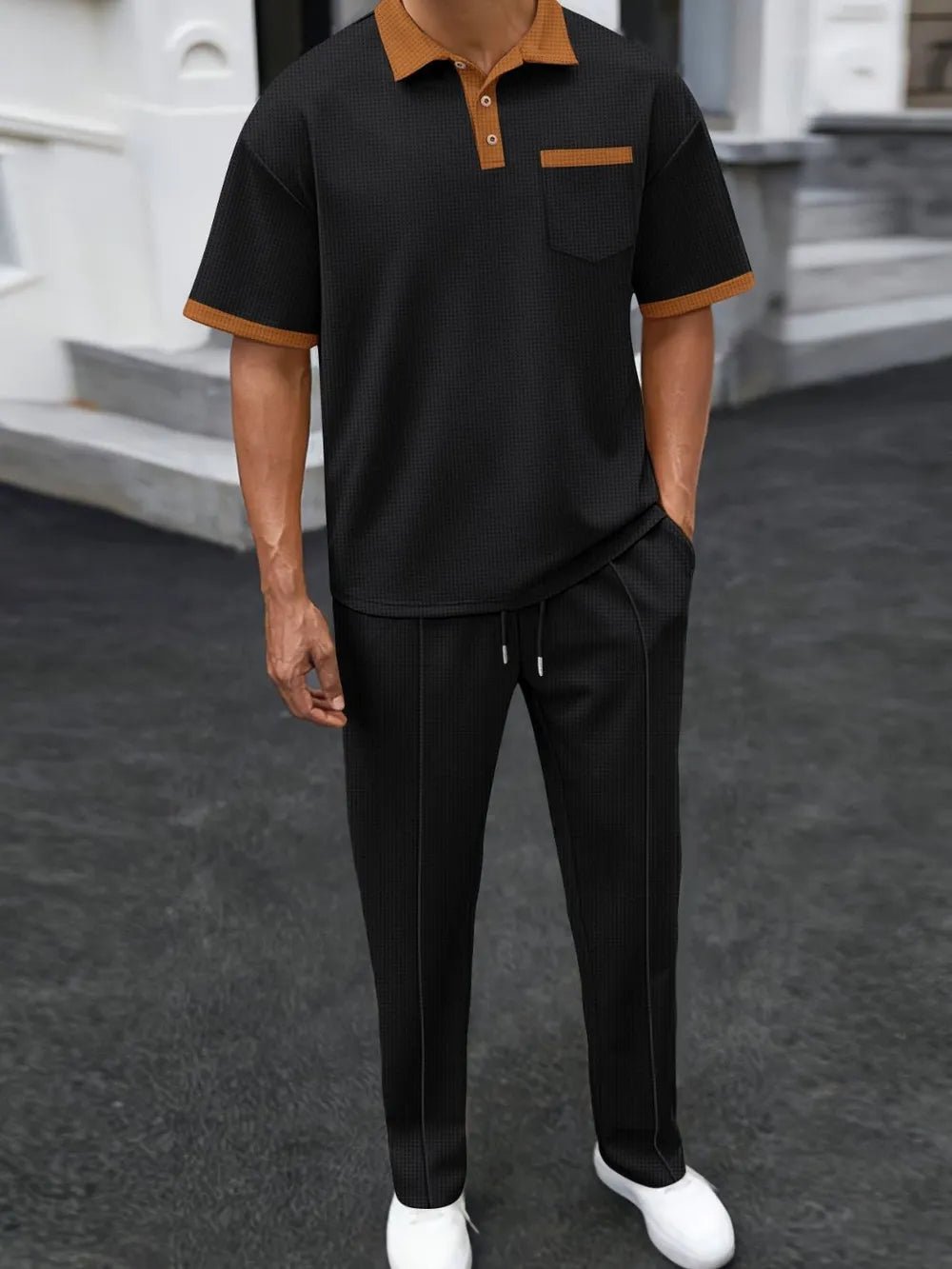 Men's Full Size Waffle - Knit Contrast Polo and Pants Set Plus Size - R - DRESS