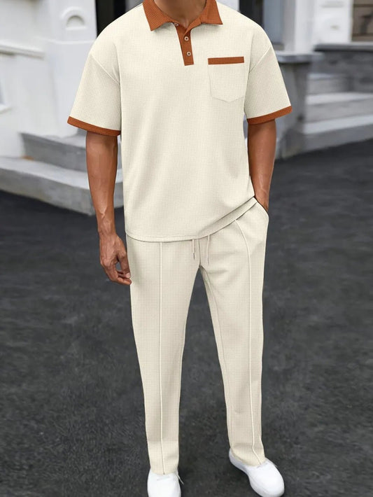 Men's Full Size Waffle - Knit Contrast Polo and Pants Set Plus Size - R - DRESS