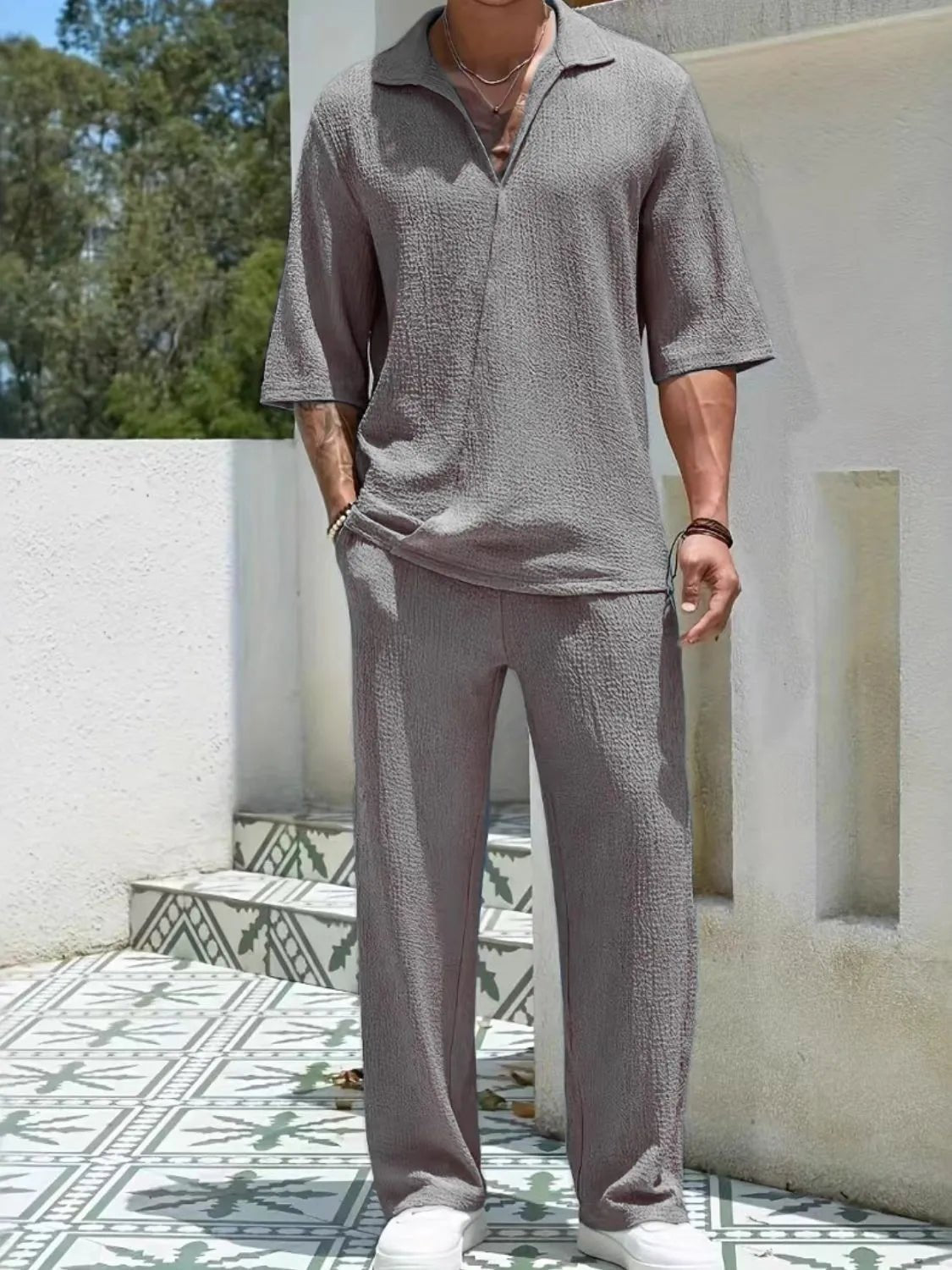 Men's Johnny Collar Half Sleeve Top and Pants Set - R - DRESS