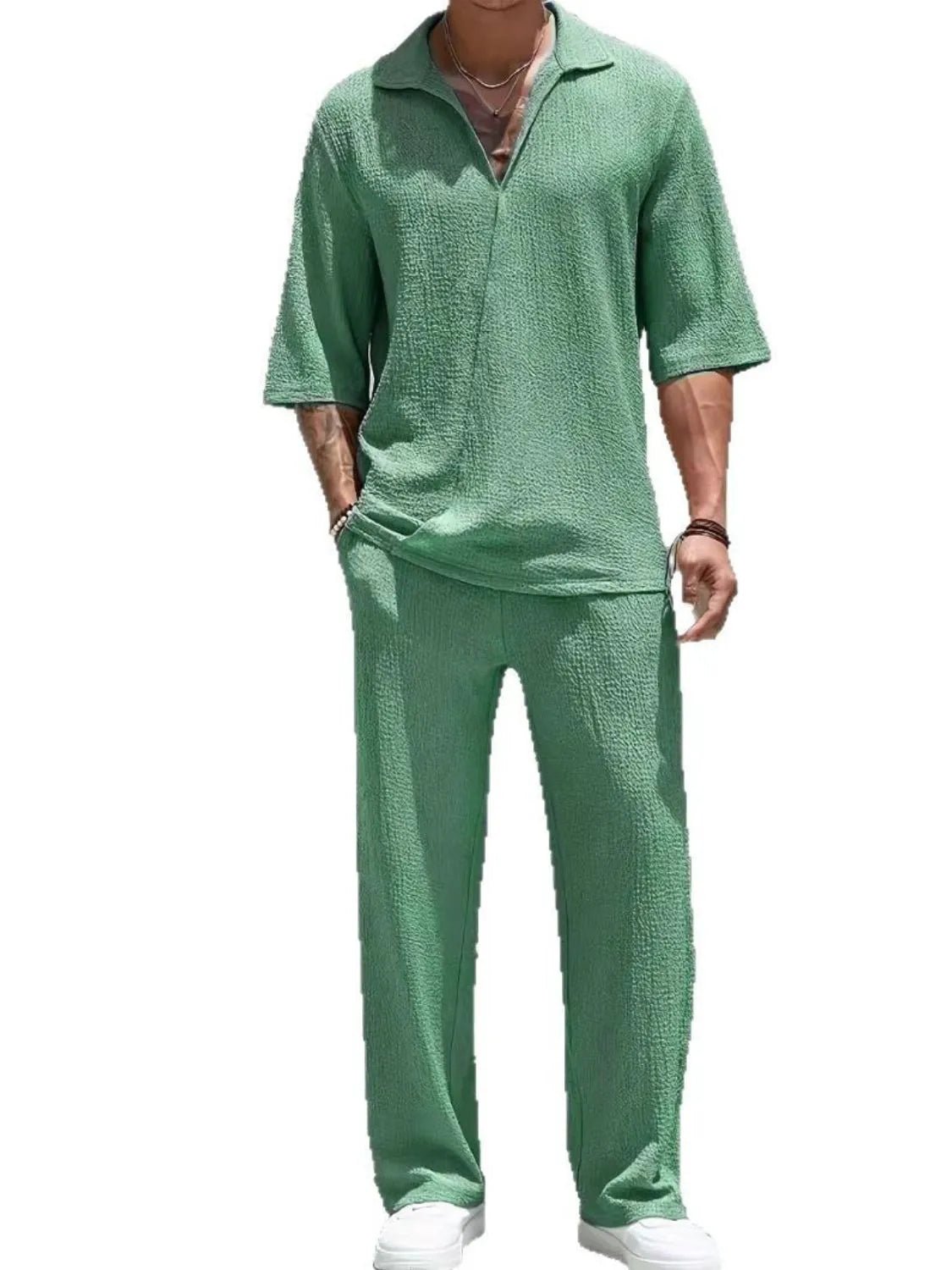 Men's Johnny Collar Half Sleeve Top and Pants Set - R - DRESS