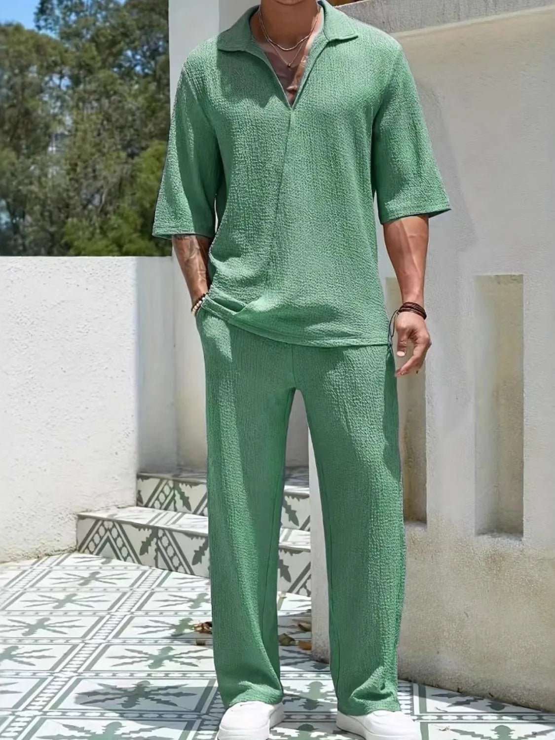 Men's Johnny Collar Half Sleeve Top and Pants Set - R - DRESS
