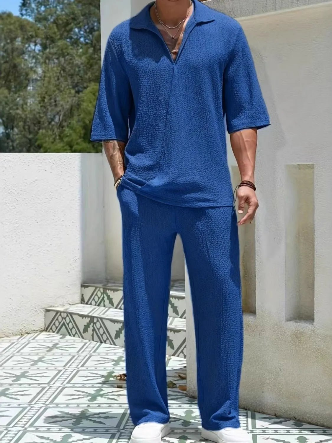 Men's Johnny Collar Half Sleeve Top and Pants Set - R - DRESS
