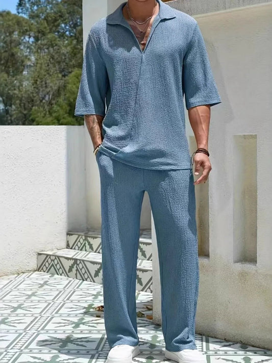 Men's Johnny Collar Half Sleeve Top and Pants Set - R - DRESS