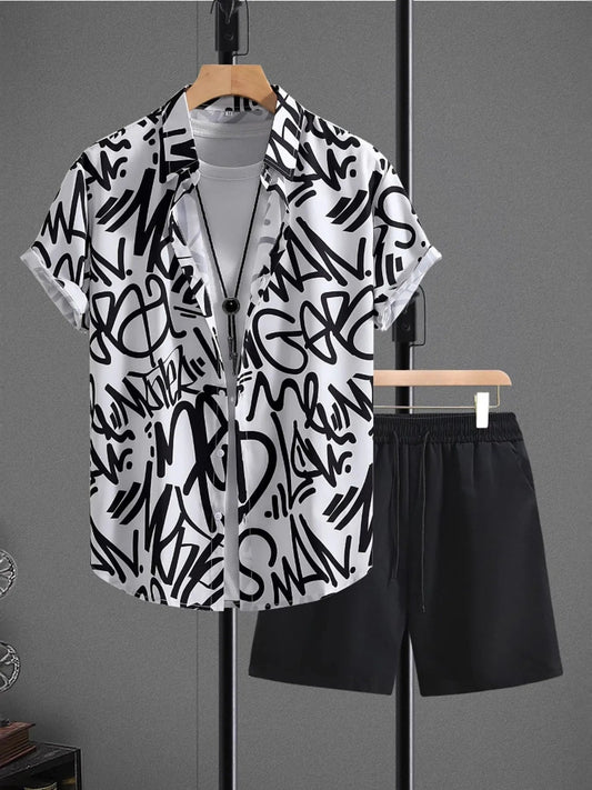 Men's Letter Print Shirt and Shots Set - R - DRESS