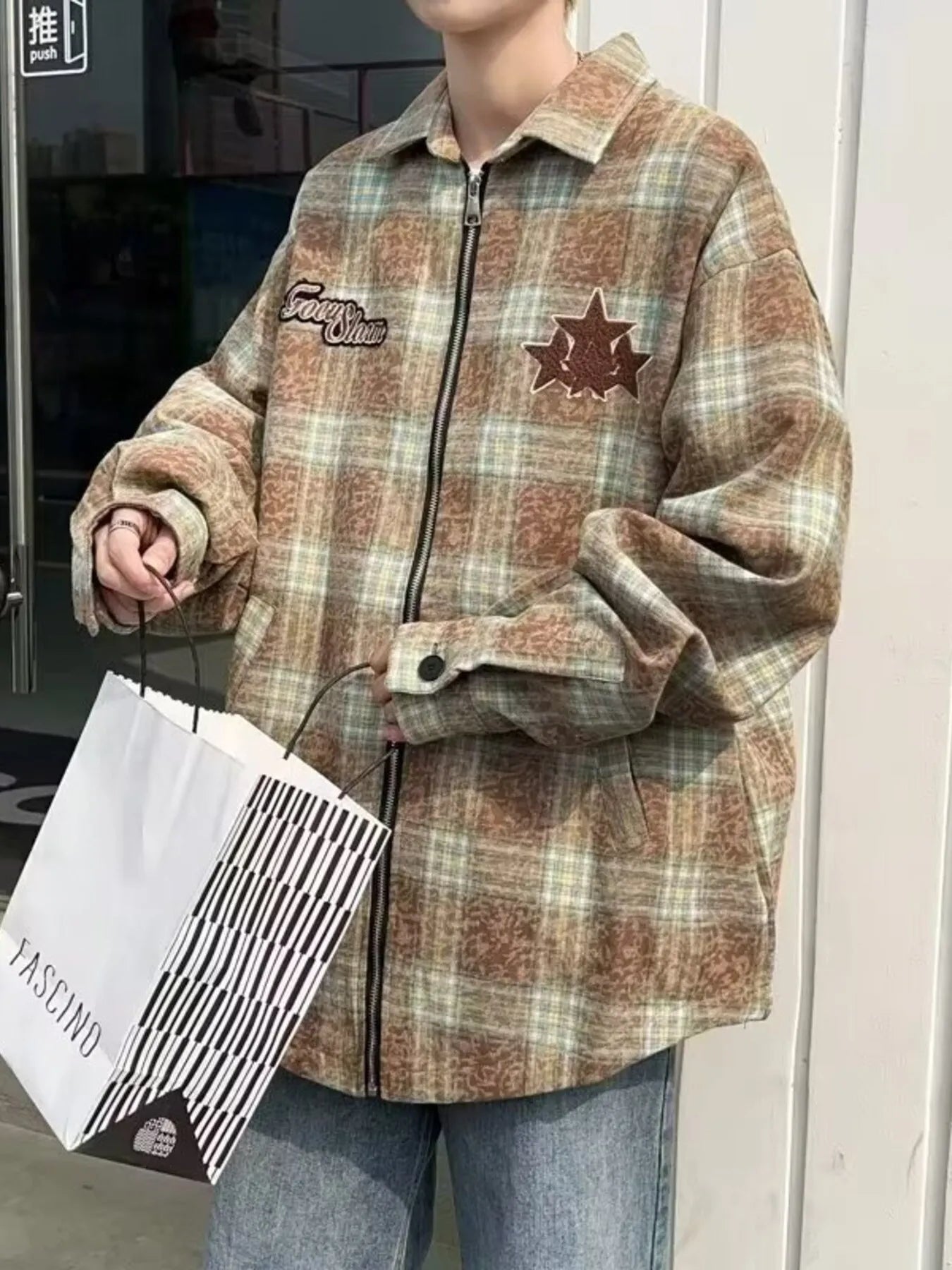 Men's Plaid Zip Up Long Sleeve Jacket - R - DRESS