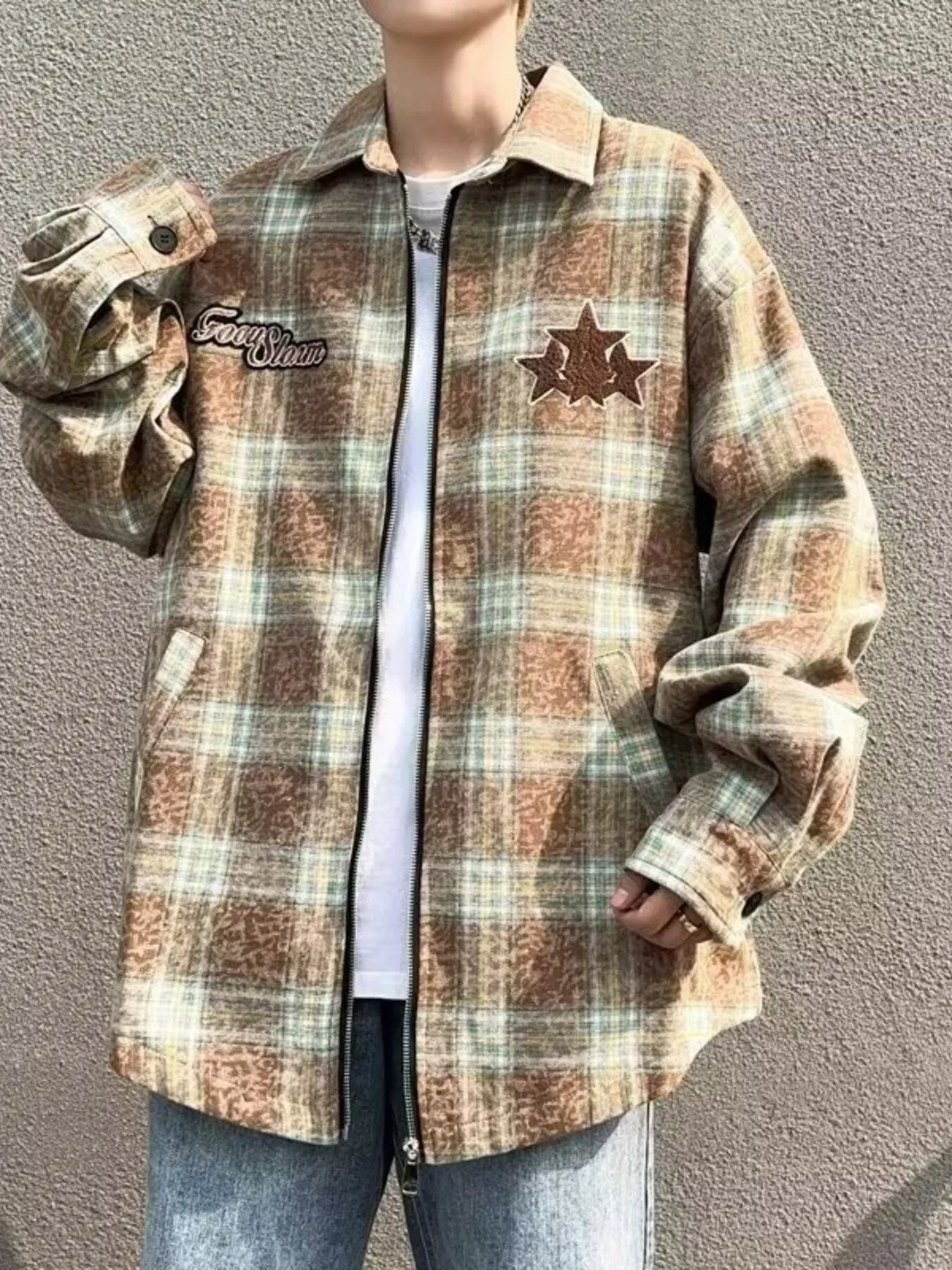 Men's Plaid Zip Up Long Sleeve Jacket - R - DRESS