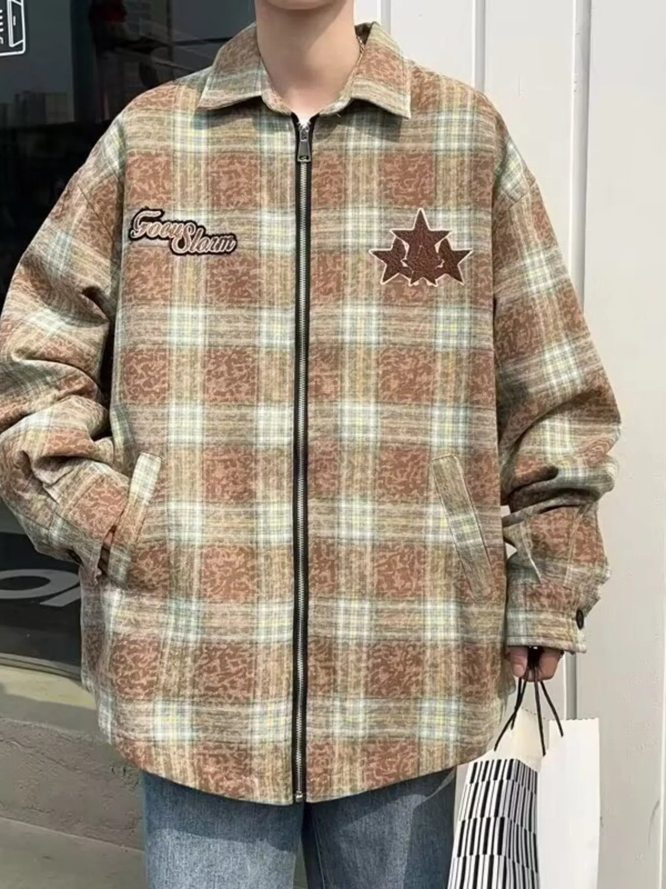 Men's Plaid Zip Up Long Sleeve Jacket - R - DRESS