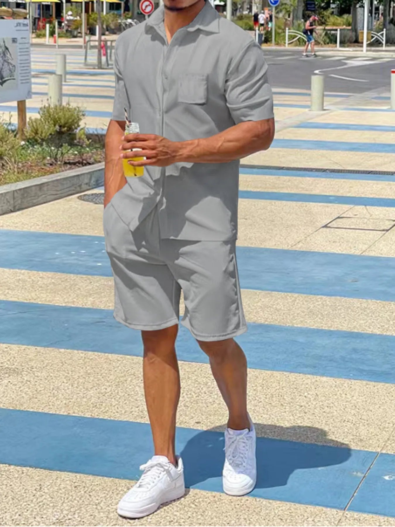 Men's Plus Size Button Up Shirt and Shorts Set - R - DRESS