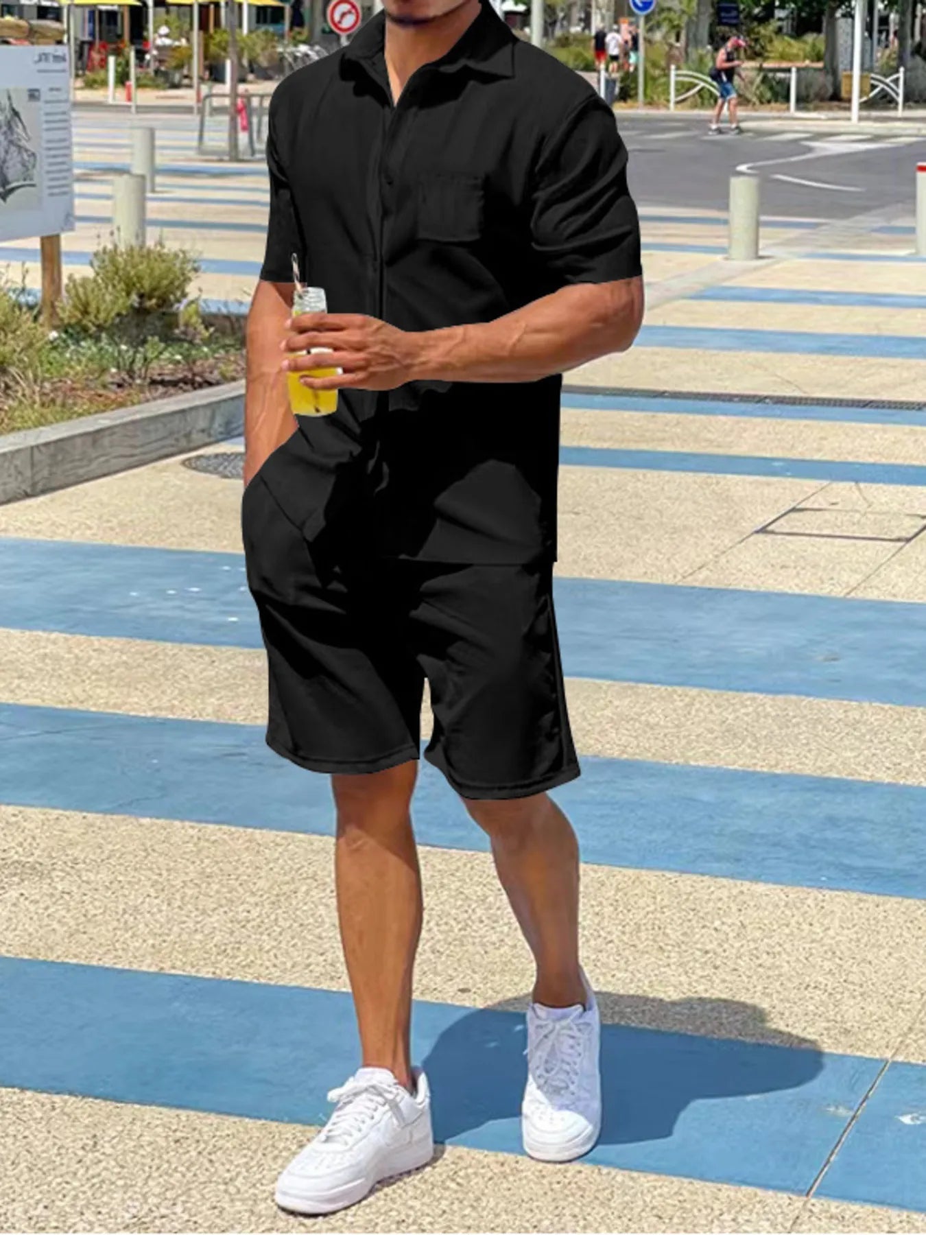 Men's Plus Size Button Up Shirt and Shorts Set - R - DRESS