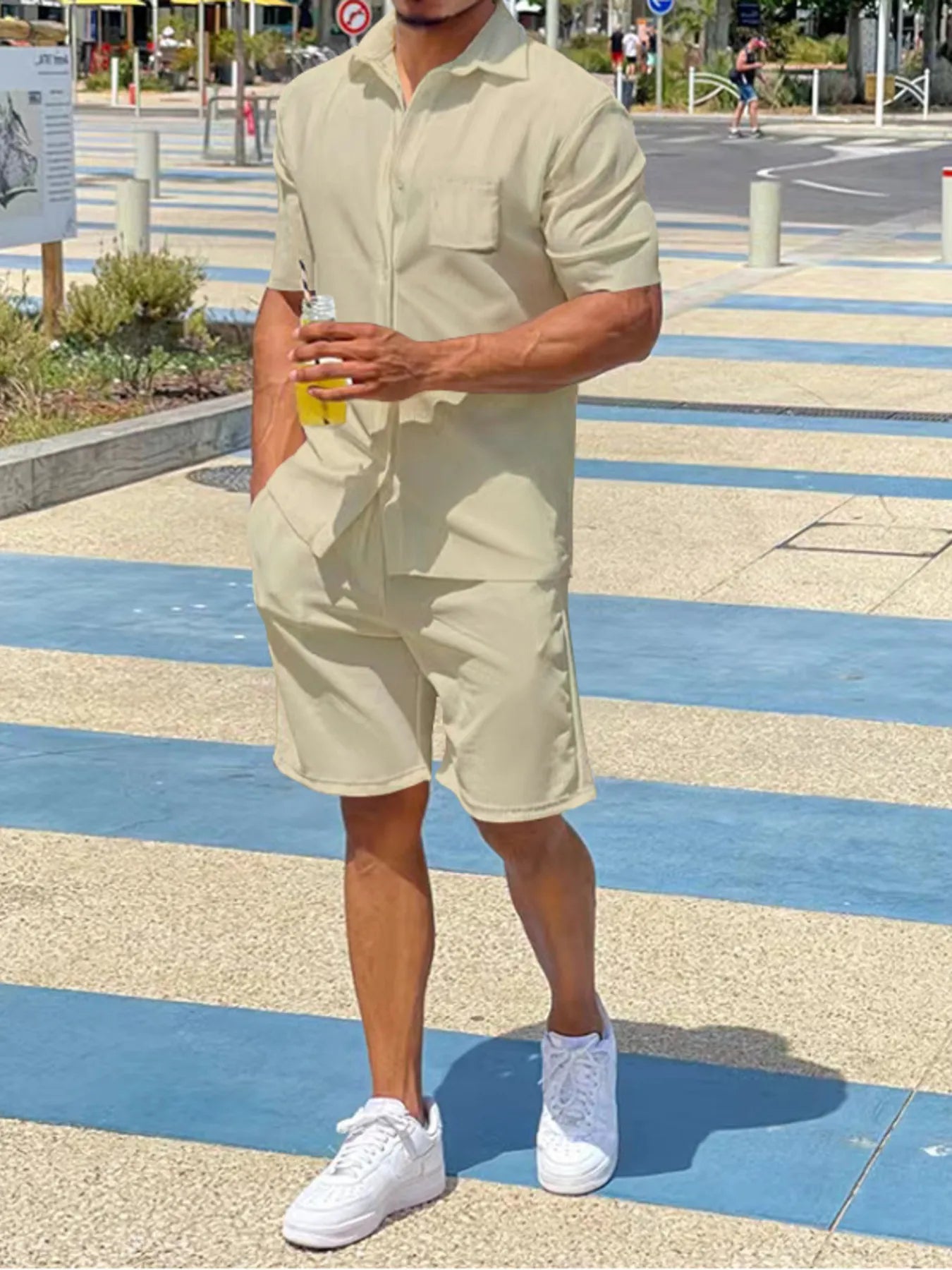 Men's Plus Size Button Up Shirt and Shorts Set - R - DRESS