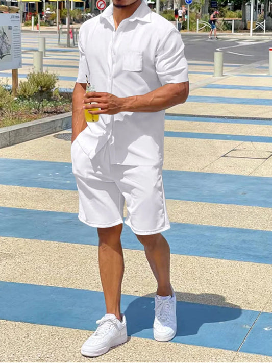 Men's Plus Size Button Up Shirt and Shorts Set - R - DRESS