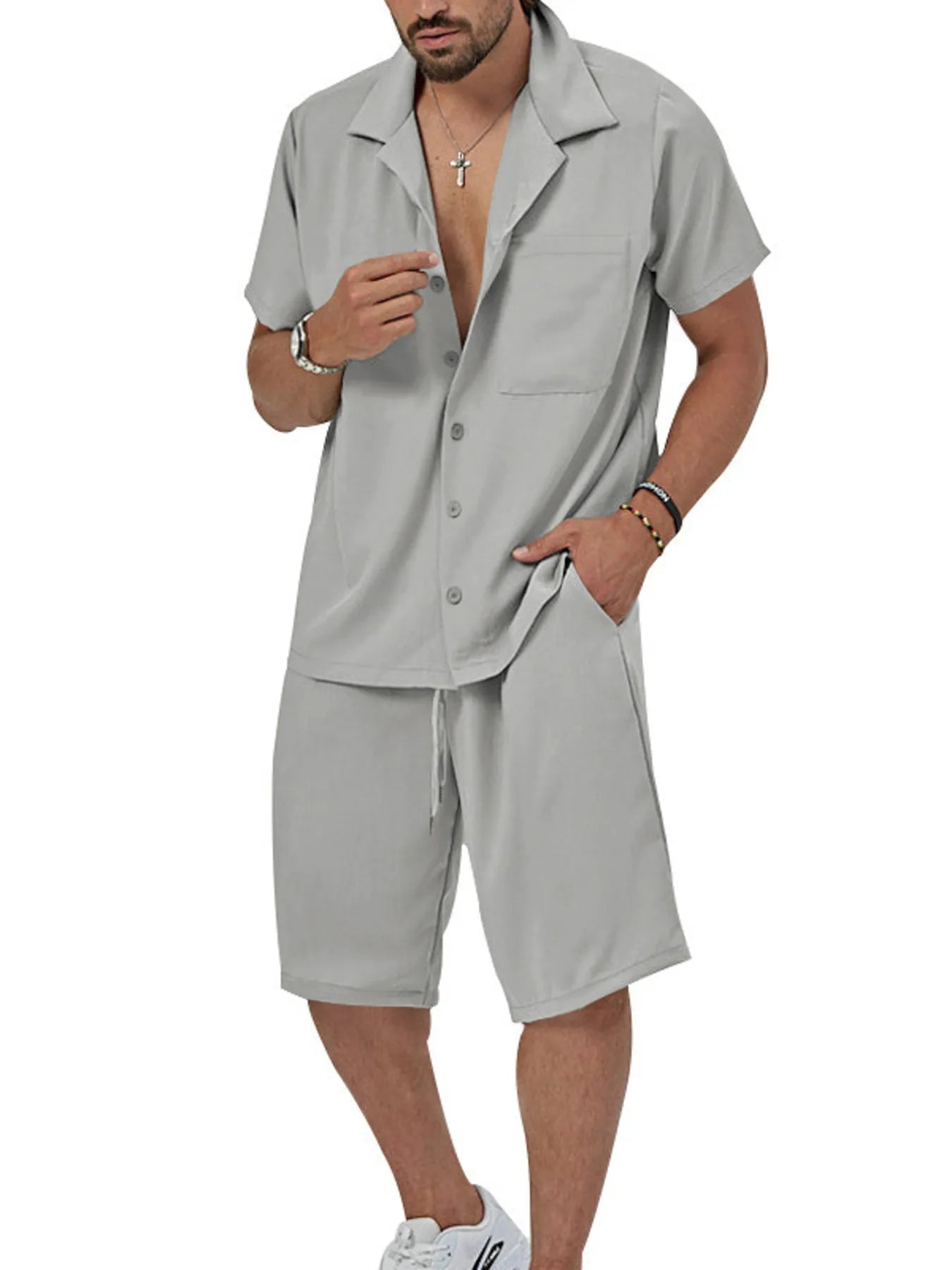 Men's Plus Size Button Up Short Sleeve Shirt and Shorts Set - R - DRESS