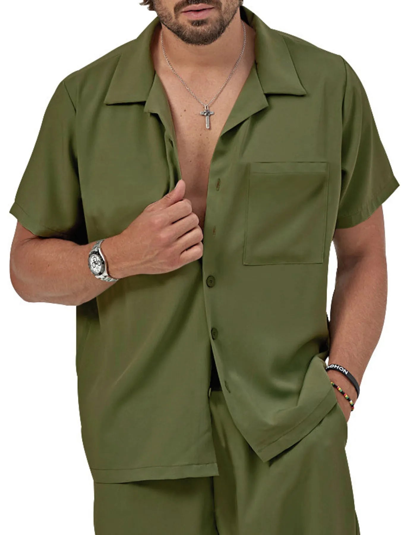 Men's Plus Size Button Up Short Sleeve Shirt and Shorts Set - R - DRESS