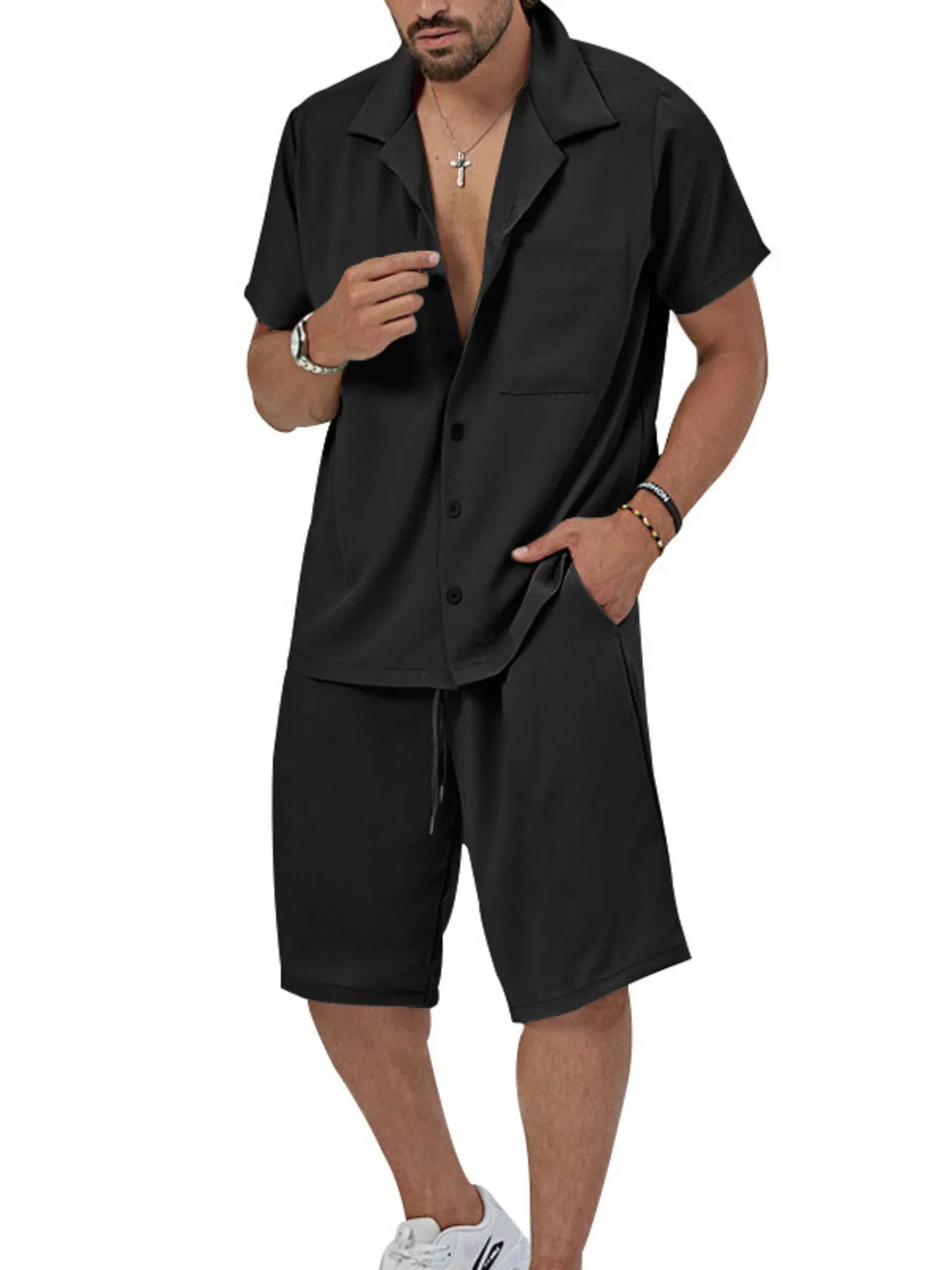 Men's Plus Size Button Up Short Sleeve Shirt and Shorts Set - R - DRESS