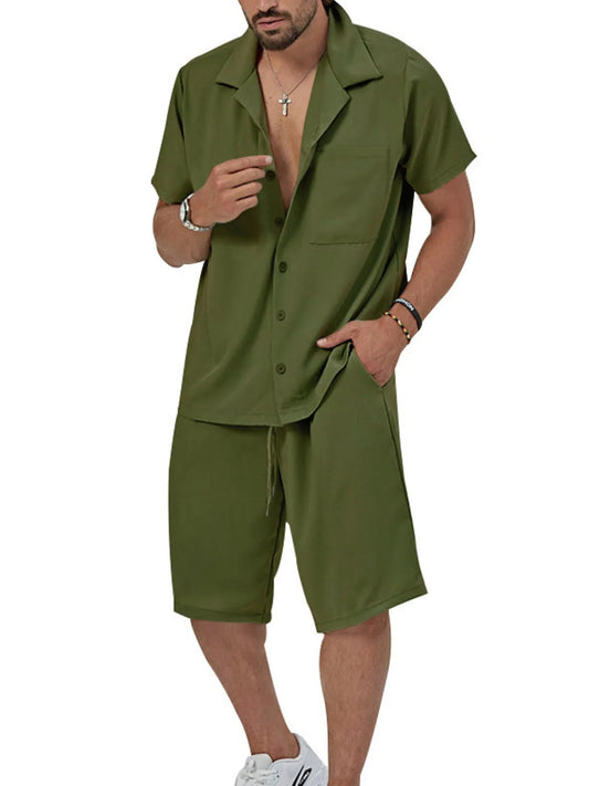 Men's Plus Size Button Up Short Sleeve Shirt and Shorts Set - R - DRESS
