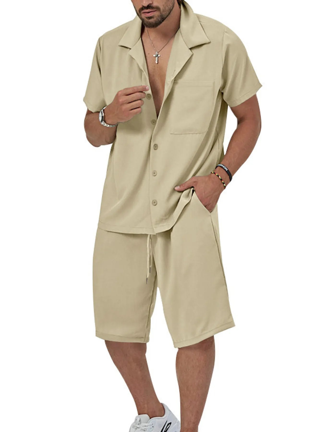 Men's Plus Size Button Up Short Sleeve Shirt and Shorts Set - R - DRESS