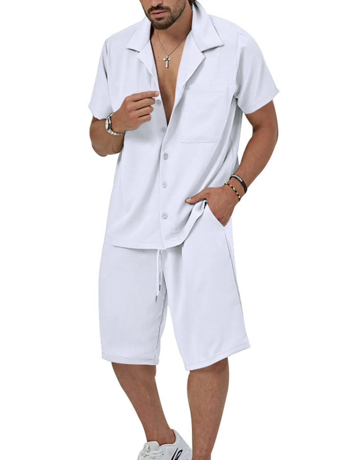 Men's Plus Size Button Up Short Sleeve Shirt and Shorts Set - R - DRESS