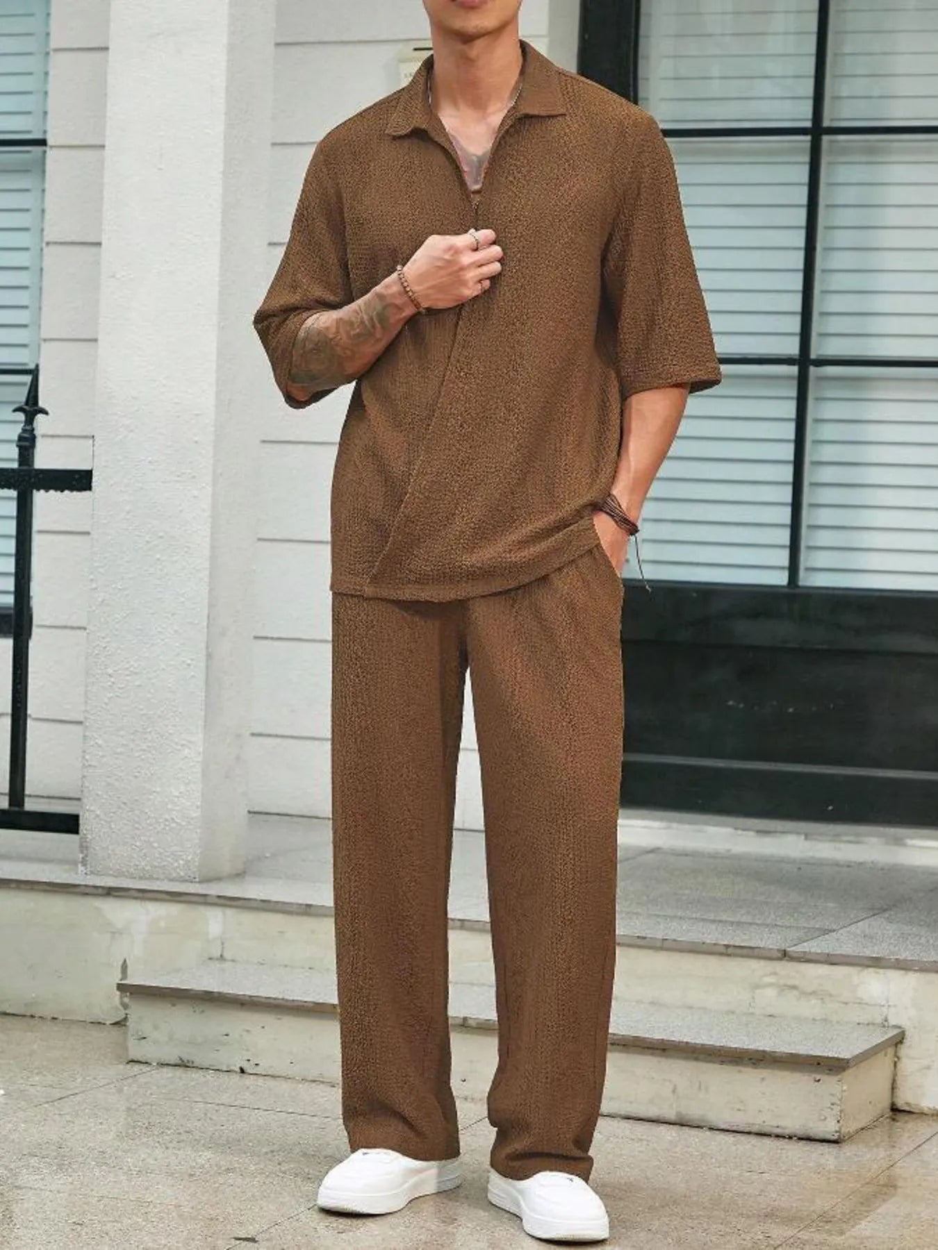 Men's Plus Size Half Sleeve Top and Pants Set - R - DRESS