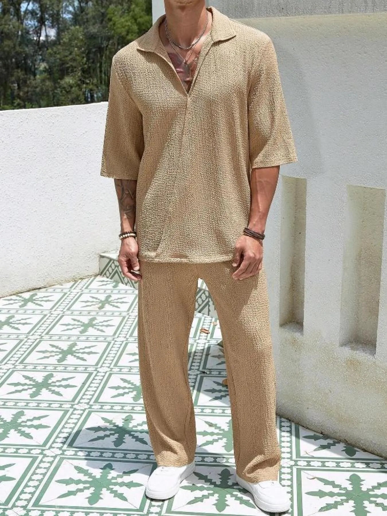 Men's Plus Size Half Sleeve Top and Pants Set - R - DRESS