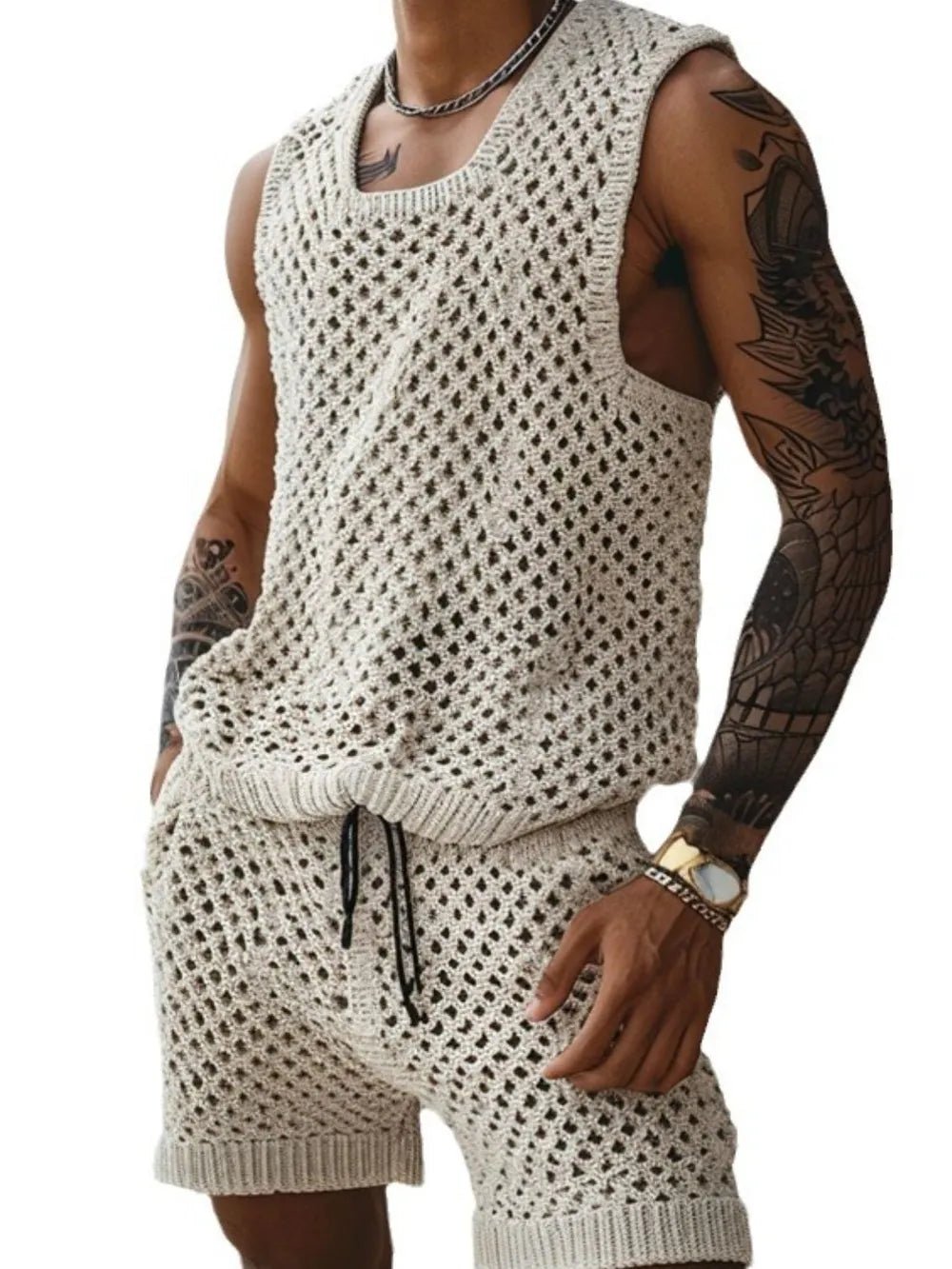 Men's Plus Size Hollow Out Round Neck Tank and Shorts Set - R - DRESS