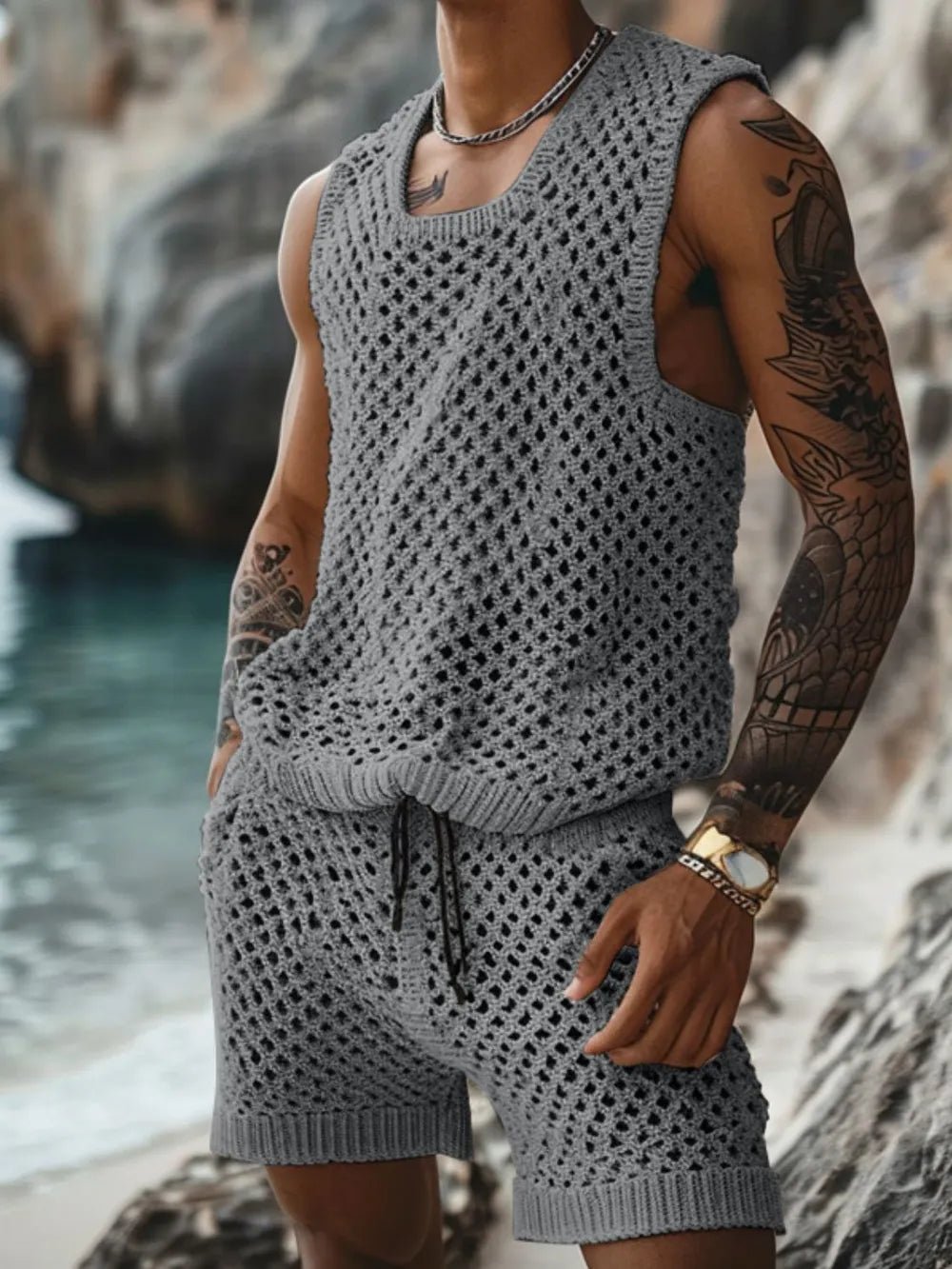 Men's Plus Size Hollow Out Round Neck Tank and Shorts Set - R - DRESS