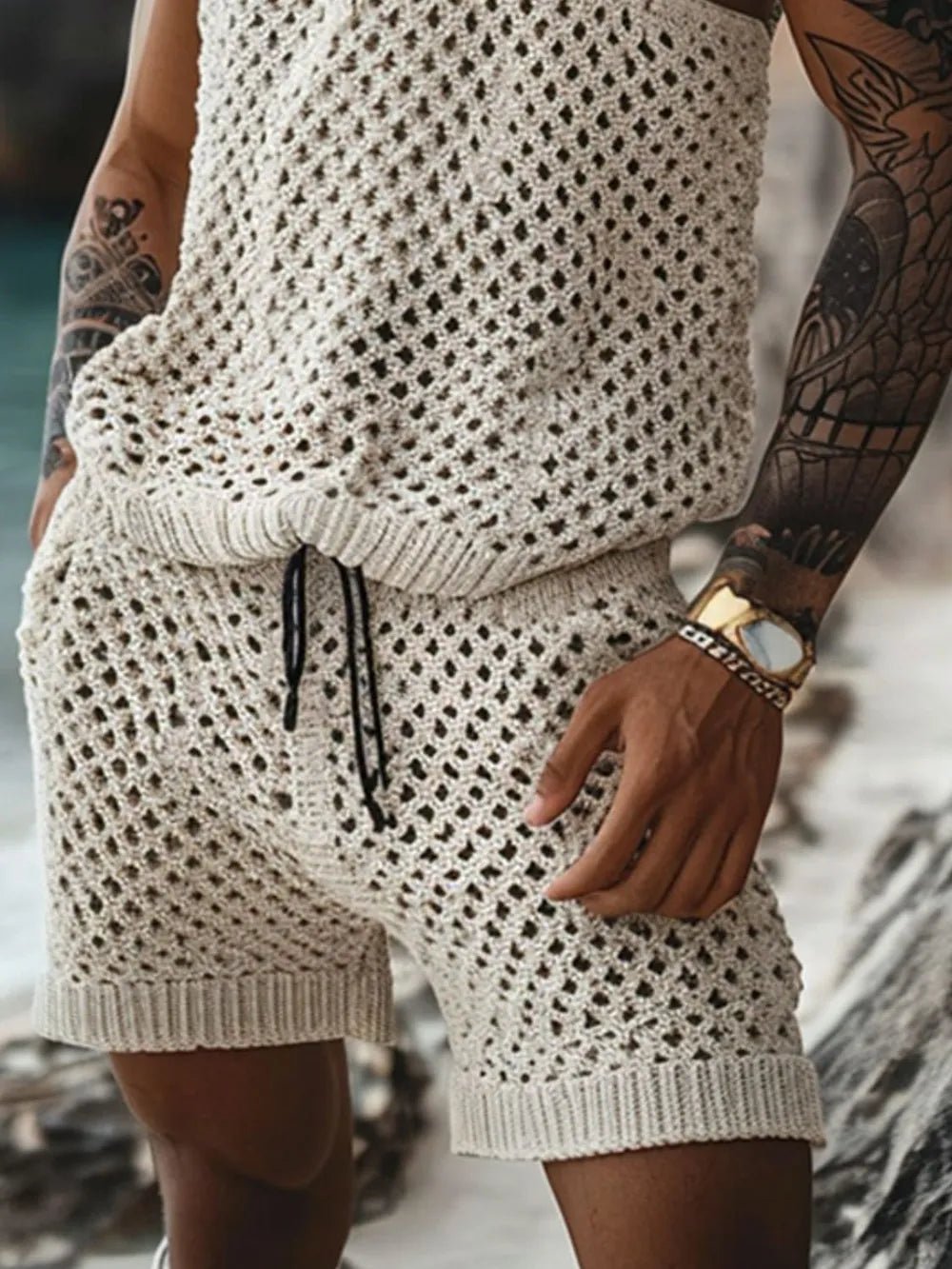 Men's Plus Size Hollow Out Round Neck Tank and Shorts Set - R - DRESS