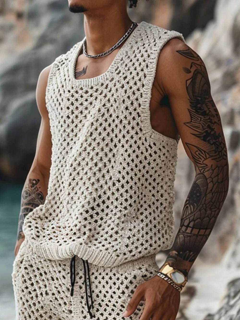 Men's Plus Size Hollow Out Round Neck Tank and Shorts Set - R - DRESS