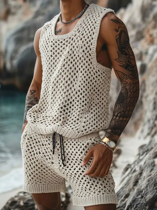 Men's Plus Size Hollow Out Round Neck Tank and Shorts Set - R - DRESS