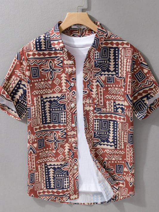 Men's Plus Size Printed Button Up Short Sleeve Shirt - R - DRESS
