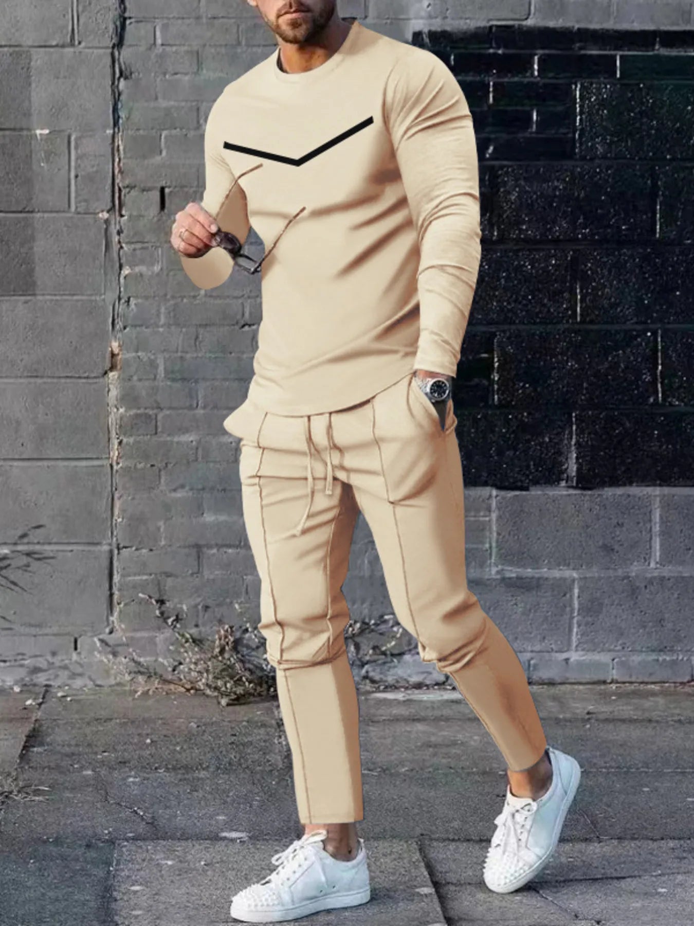 Men's Plus Size Round Neck Long Sleeve Top and Pants Set - R - DRESS