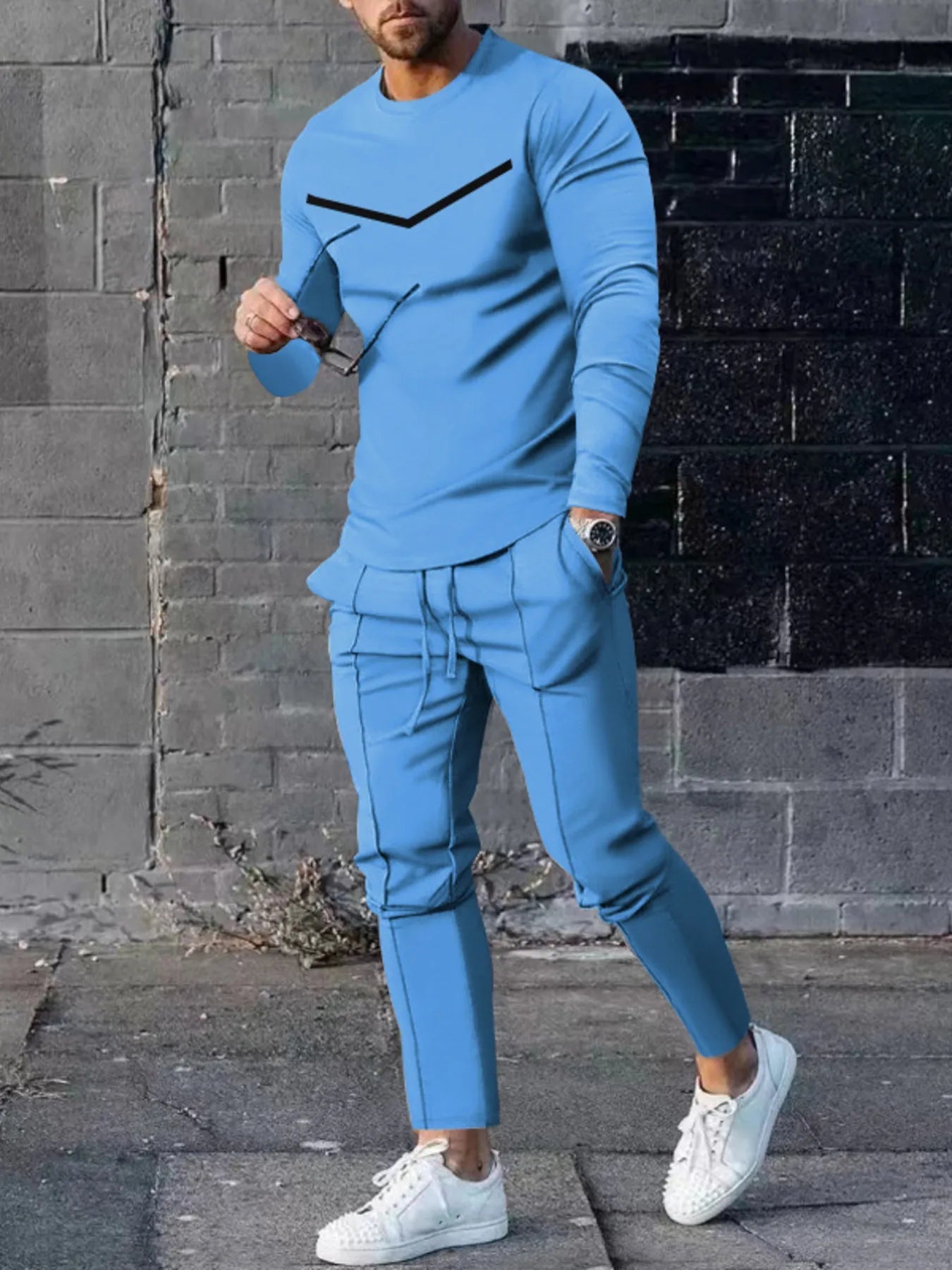 Men's Plus Size Round Neck Long Sleeve Top and Pants Set - R - DRESS