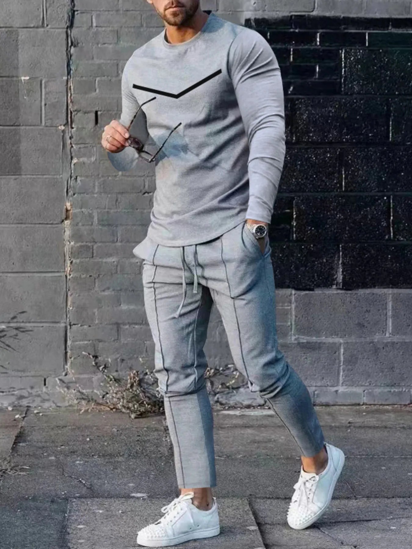 Men's Plus Size Round Neck Long Sleeve Top and Pants Set - R - DRESS