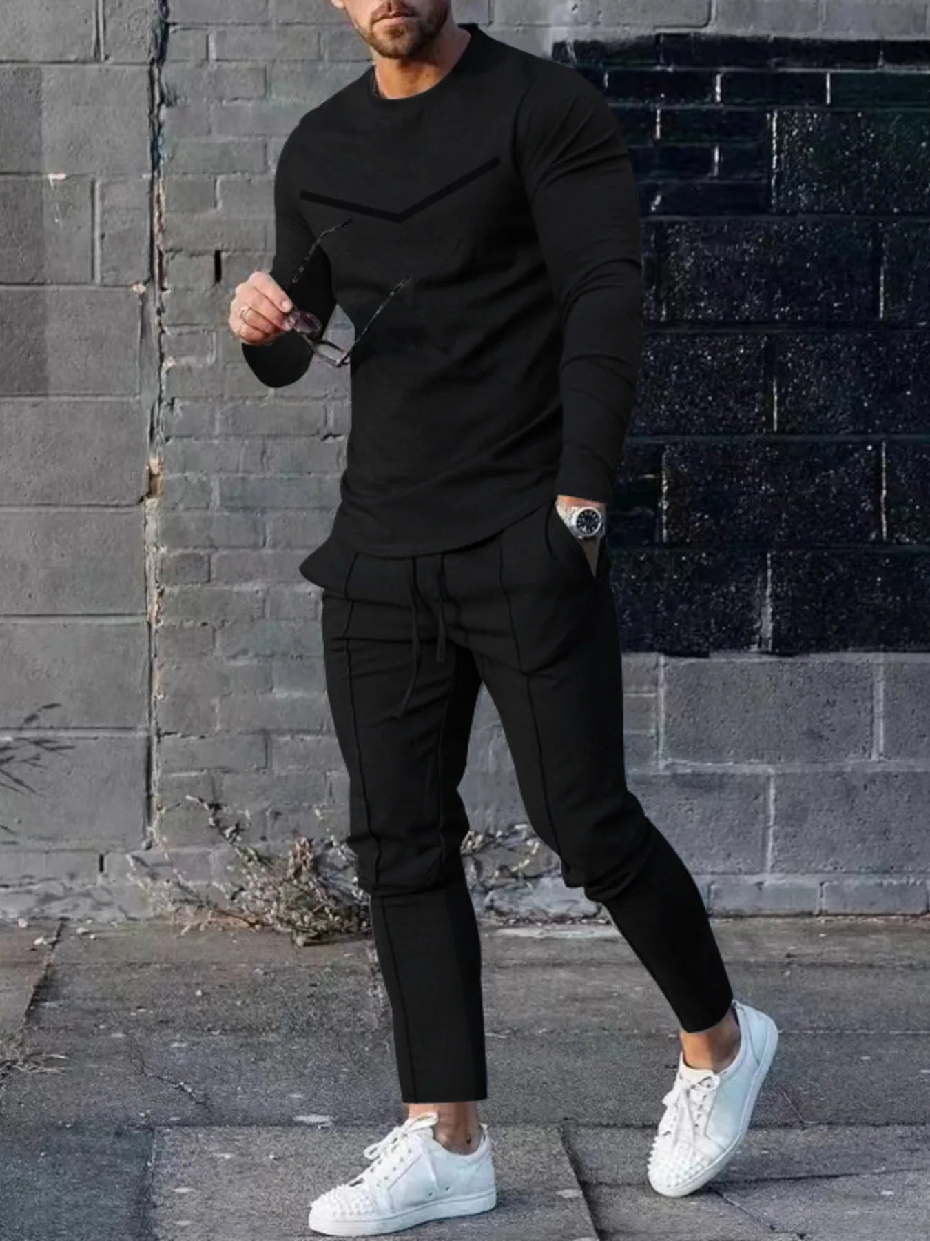 Men's Plus Size Round Neck Long Sleeve Top and Pants Set - R - DRESS